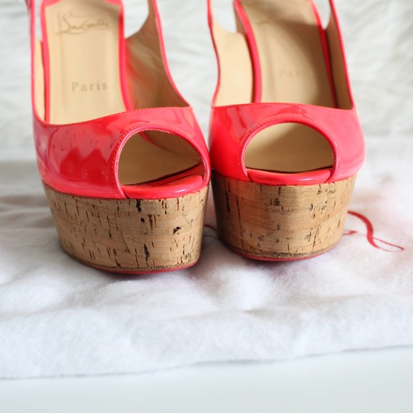 Christian Louboutin Une Plume Hot Pink Neon Patent Leather Cork Sandal Wedges - Picture 8 of 14